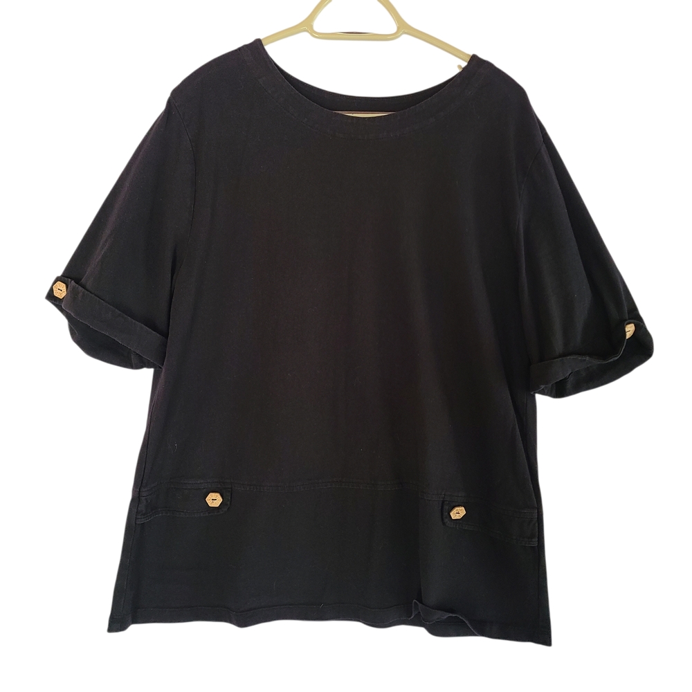 Focus Casual Life Black 100% Cotton Top - Hexagon Button Detail - Size Large